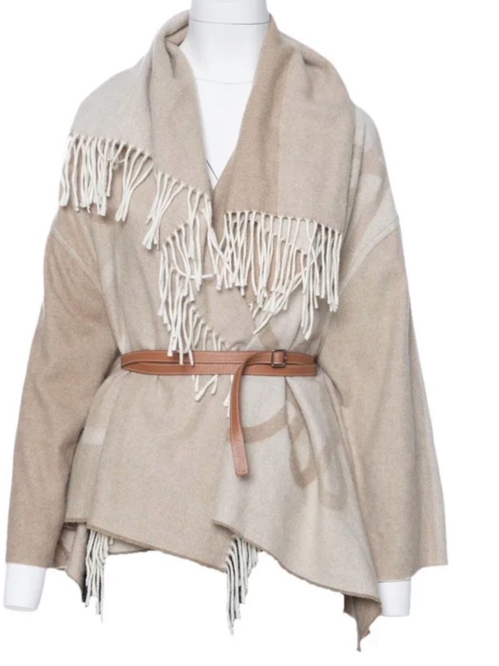 Lowe’s Fringed Wrap Poncho in Beige and Cream